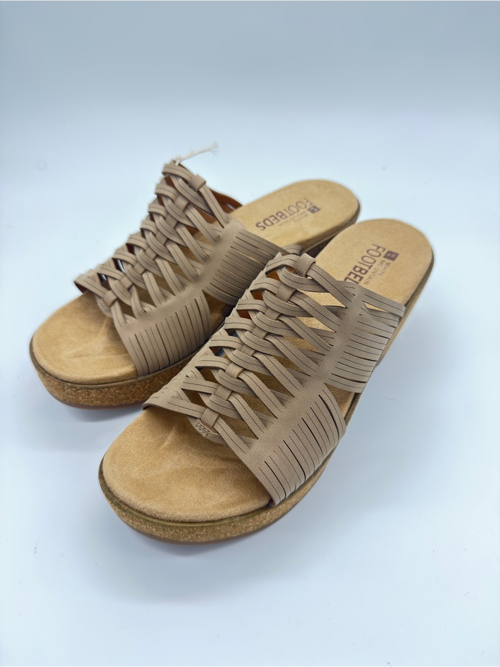 White Mountain Taupe Woven Fringe Platform Slide Mules